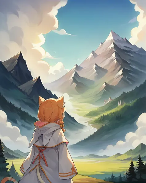 a cartoon cat is standing in the mountains looking at the valley