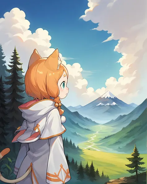 score_9, score_8_up, score_7_up, source_anime, masterpiece, 1girl, mimipearl, petite, white robe, hooded capelet, sleeves past wrists, tail, pom pom pom \(clothes\), <lora:MimiPONYXLctian:0.8>, sky, cloud, scenery, forest, mountain, from side