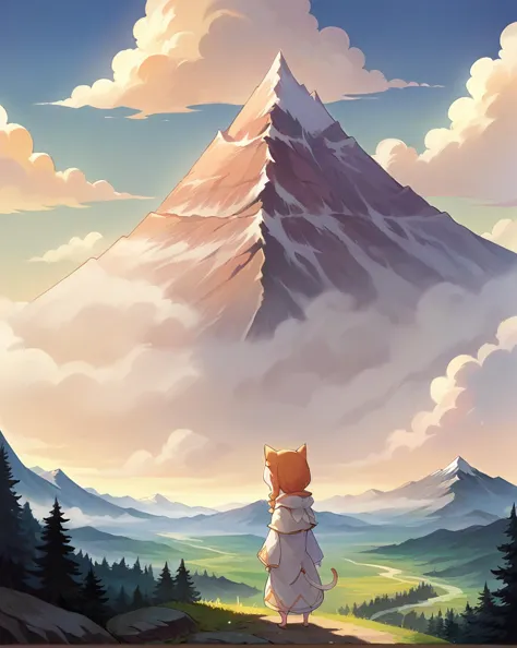 a cartoon cat standing on a hill looking at a mountain