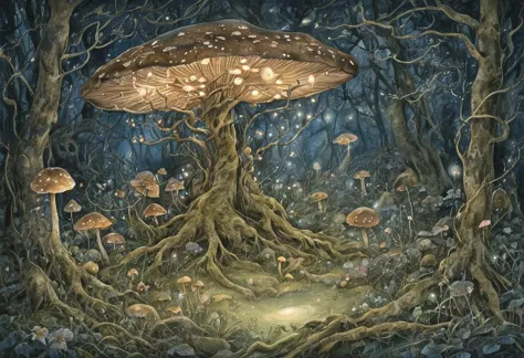 A highly detailed watercolor painting of a moonlit glade. The scene is filled with soft, glowing flowers, delicate foliage, mushrooms and twisted trees, creating an enchanting yet dreamlike atmosphere. <lora:Froud-000006:1>