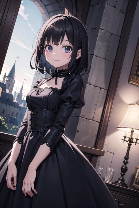 (masterpiece),  indoors,  castle,  night,  gothic,  1girl,  black hair,  medium hair,  black dress,  smile,  dutch angle