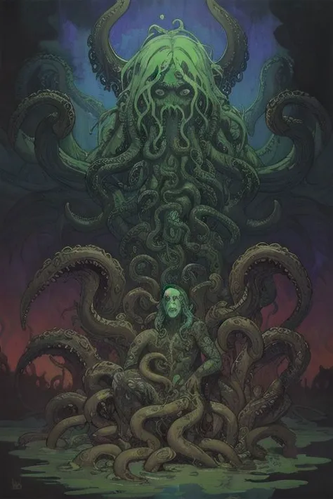 Arte cómico de un dios lovecraftiano, Cthulhu, Tentáculos, inquietante, iluminación compleja, escena compleja,(estilo de las semanas de edwin lord), (Estilo de Monet), pintura al óleo, Pinceladas . ilustración gráfica, arte cómico, arte de novela gráfica, vibrante, muy detallado