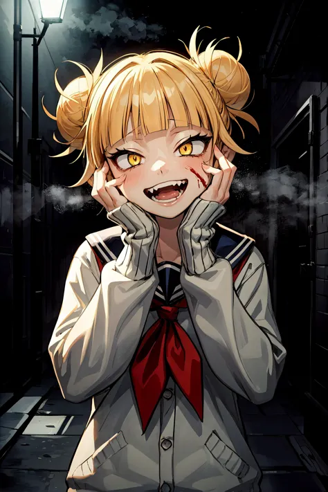 thick outlines, masterpiece, best quality, 1girl, toga himiko, boku no hero academia, crazy eyes, crazy smile, open mouth, yande...