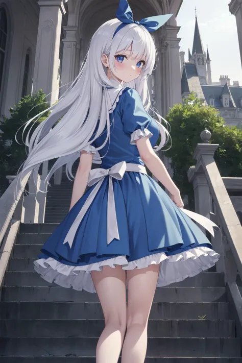 masterpiece, best quality, ultra detailed, highres, extremely detailed CG unity 8k wallpaper, perfect lighting, 1girl, very detailed background, beautiful and aesthetic,
twilight, looking back on the pedestrian bridge step , from behind, from below,
long hair, alice in wonderland, blue dress,pumps,  white hair, dark persona, full-face blush,