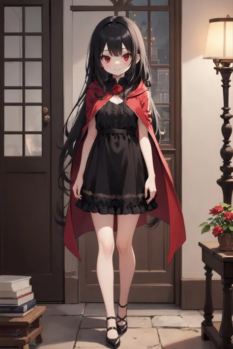 (masterpiece:1.2),best quality,extremely detailed,
BREAK
cute girl,petite girl,solo,shiny skin,small breasts,very long hair,
detailed eyes,perfect anatomy,
cute eyes,(red eyes:1.3),(black hair:1.4),vampire girl,smile,
BREAK
black dress,magical cloak,skirt frills,
BREAK
indoors,luxury home style,red rose,
BREAK
character focus,full body,dark theme,at night,night,
BREAK