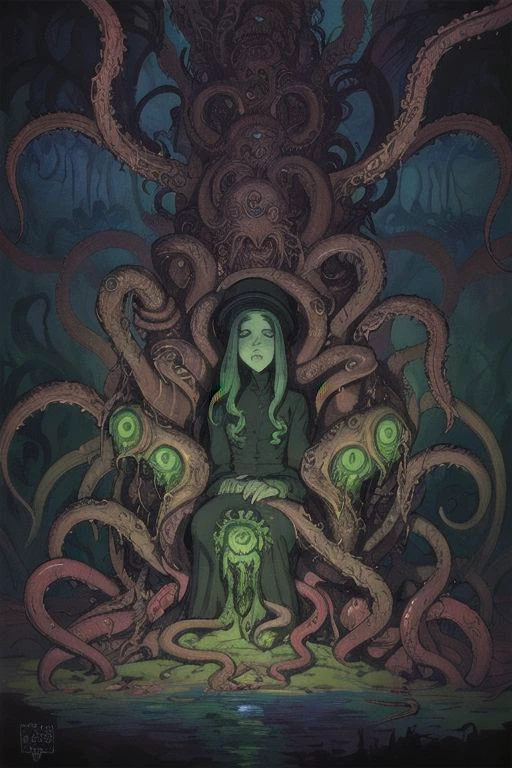 Comic-Kunst eines Lovecraft-Gottes, Cthulhu, Tentakeln, beunruhigend, komplexe Beleuchtung, komplexe Szene,(Stil von Edwin Lord Weeks), (Stil von Monet), Ölgemälde, Pinselstriche . Grafische Darstellung, Comic-Kunst, Graphic Novel-Kunst, beschwingt, sehr detailliert