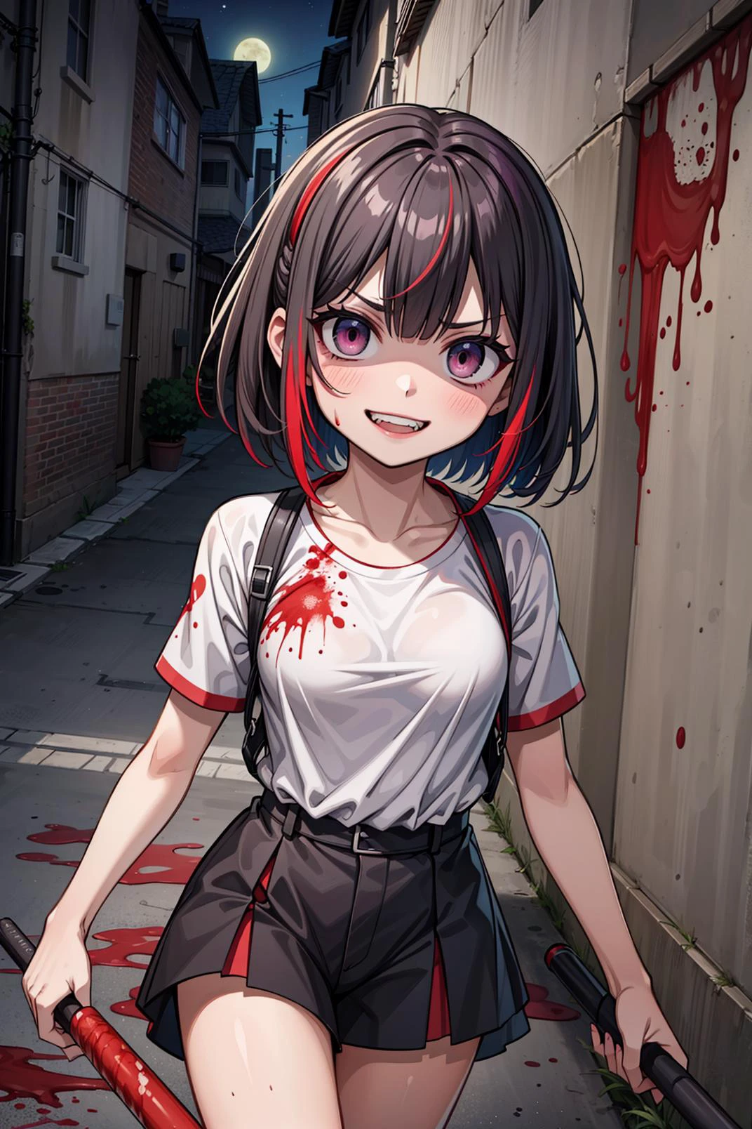 (masterpiece, top quality, best quality, official art, beautiful and aesthetic:1.2), baseball bat , night, dark,alley,  angry, streaked multicolored hair, blood splatter, blood on clothes and face, horror,   crazy smile, crazy eyes,