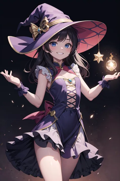 (masterpiece),  fantasy,  1girl,  dress,  frills,  witch hat,  grin,  magic