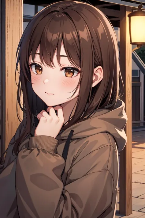 (masterpiece), best quality, high resolution, extremely detailed, detailed background, cinematic lighting, outdoor, 1girl, brown hair, brown eyes, black hoodie, blush, close-up, closed mouth, half-closed eyes, hands on own face, hood down, long sleeves, sleeves past wrists, looking away, looking to the side, portrait