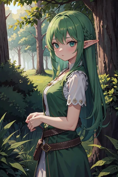 (masterpiece), best quality, high resolution, extremely detailed, detailed background, cinematic lighting, outdoor, 1girl, forest, elf, green hair