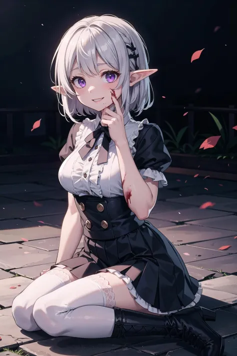 (masterpiece),  best quality,  high resolution,  extremely detailed,  detailed background,  cinematic lighting,  outdoor,  1girl,  elf,  medium hair,  silver hair,  crossed bangs,  purple eyes,  medium breasts,  white shirt,  black dress,  drastic hair ornaments,  skirt,  frills,  lace rims,  frilled sleeves,  frilled skirt,  thighhigh,  ankle boots,  yandere,  yandere face,  shaded face,  crazy eyes,  glowing eyes,  crazy smile,  blood,  blood on face,  blood on clothes,  hands on own cheeks