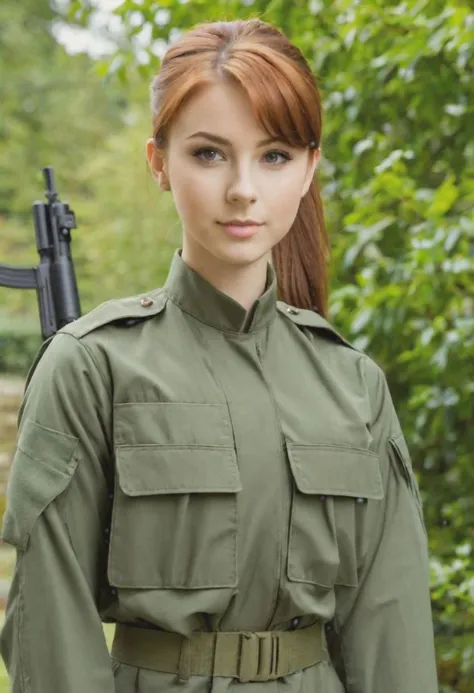 18 year old medium build, British woman. Military fatigues. Short auburn hair in a ponytail.