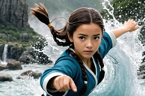 1girl, Avatar the last airbender, live-action, epic, water tribe, katara, water bending, 14 years old, motion, action, cinematic...