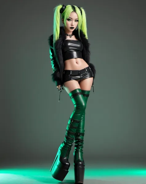 (photorealistic), (masterpiece), (photography), (realistic skin texture), (professional lighting), alluring woman,
((90s style)), (japanese style),  cybergoth, black and green outfit, toned legs, fur leg warmers, long legs, 
 <lora:Alternative_Shoes_XL:0.4...