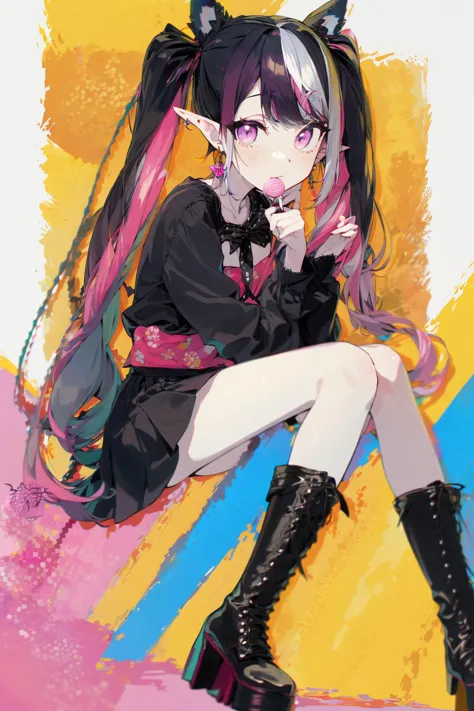 (masterpiece:1.2),best quality,PIXIV,Sweet girl,
1girl,multicolored hair,solo,purple eyes,pink hair,platform footwear,black hair,food,long hair,sitting,bow,boots,twintails,long sleeves,bangs,black footwear,black bow,hair bow,skirt,full body,looking at viewer,shirt,virtual youtuber,jewelry,ribbon,candy,dress,earrings,pointy ears,lollipop,streaked hair,holding,purple hair,two-tone hair,
<lora:Sweet girl p_20231030174934-000018:0.8>,