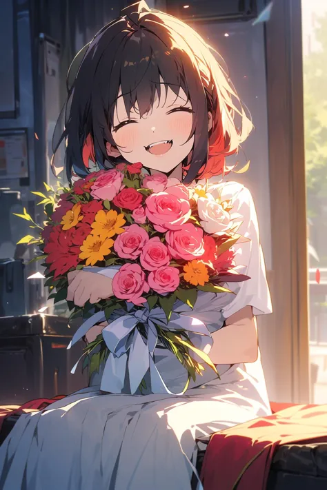 anime girl sitting on a bench holding a bouquet of flowers