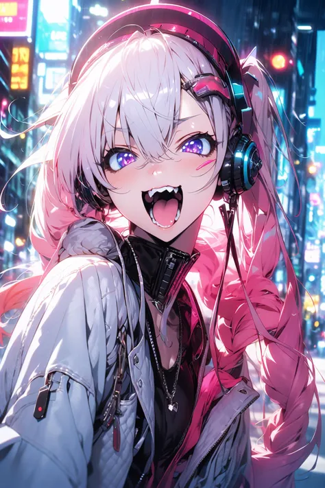 anime girl with headphones and a pink jacket in a city