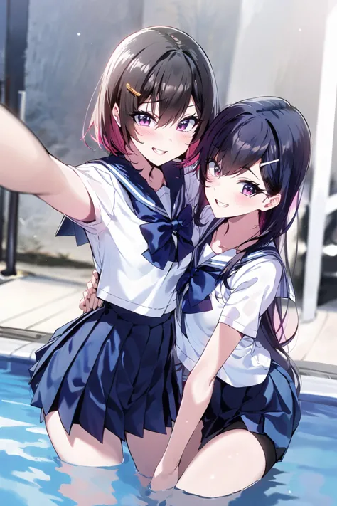 anime image of two girls in school uniforms sitting in a pool