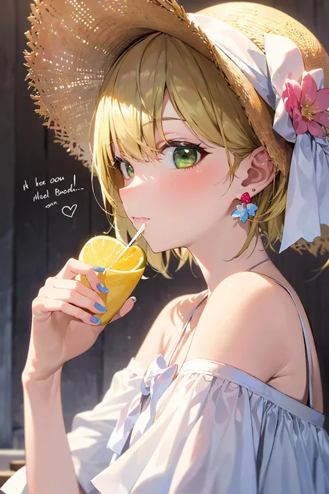 (masterpiece:1.2),best quality,PIXIV,Sweet girl portrait,
1girl,lemon,solo,lemon slice,hat,jewelry,blonde hair,earrings,cup,looking at viewer,flower,fruit,holding,bow,food,green eyes,bangs,bare shoulders,food-themed earrings,holding cup,drinking glass,white headwear,nail polish,polka dot,hat bow,off shoulder,short hair,white flower,blush,striped bow,portrait,english text,bubble,flower earrings,plaid,upper body,from side ,<lora:Sweet girl portrait_20231030170647-000016:1>,