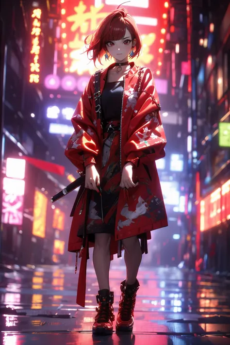 a woman in a red raincoat walking down a city street