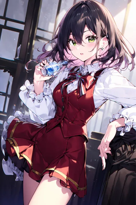 anime girl in a red dress holding a bottle of water