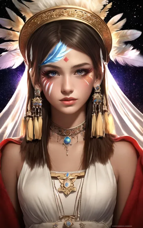 masterpiece,best quality,highly detailed,a Exquisite girl,Mysterious,photorealistic, Aristocrat, colorful,Tan Skin,feathers,Fantasy,Gorgeous,Headwear,Incantation,folkloric,Tassels,Light Veil,war paint,plume,slit pupils,(acrylic paint medium)