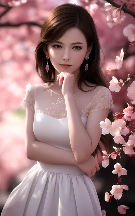 masterpiece,extremely detailed CG unity 8k wallpaper,1girl, beautiful, realistic, blurry, blurry_background, blurry_foreground, branch, brown_hair, plum blossom, depth_of_field, earrings, flower, jewelry, nose, realistic, solo,dress,fingers hidden, arms hidden