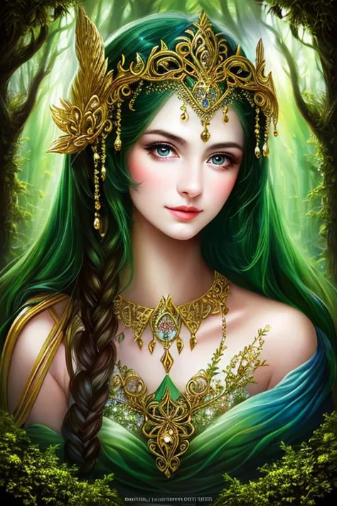 a beautiful woman with green hair and a crown in the woods