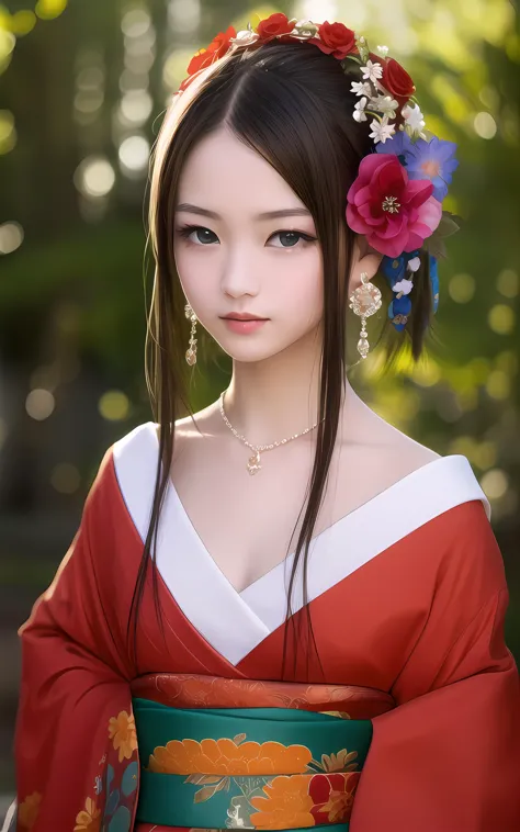 a close up of a woman in a red and white dress with flowers in her hair