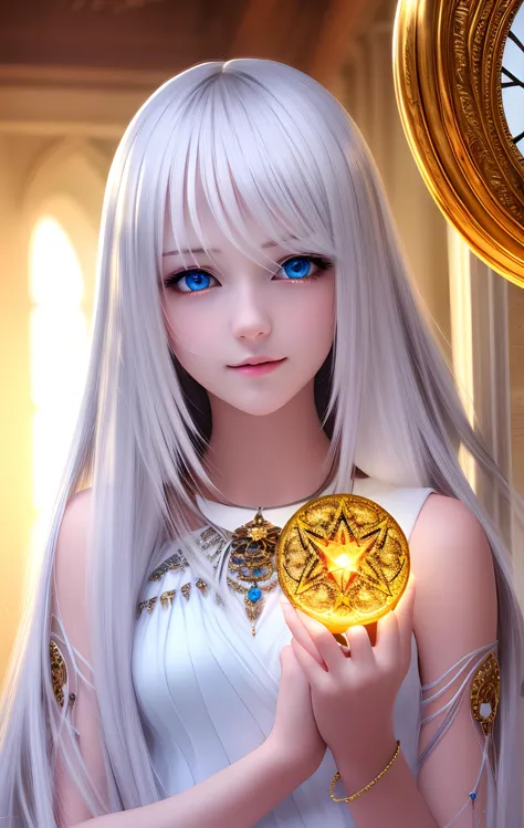 anime girl with long white hair holding a gold coin