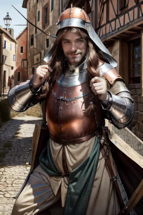 arafed man in a medieval costume with a sword and helmet