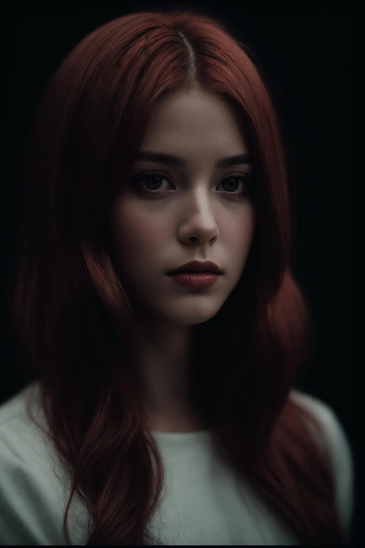 1女性,暗闇で, フィルムグレイン, 受賞写真, (緑色の色合い:0.5), 横を見る, 赤毛