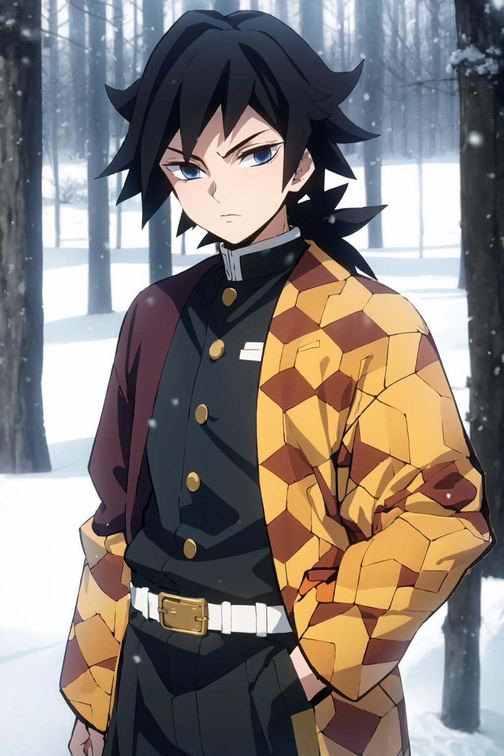 Anime character in a yellow and black jacket standing in a snowy forest -  SeaArt AI