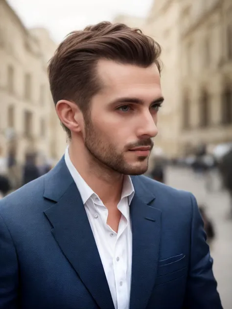 a close-up photo of a European man wearing a suit, outdoors, depth of field