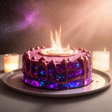 Delicious glowing galaxy cake on a dining table in the kitchen, soft light ,romantic light, ultra details ,photorealistic, reali...