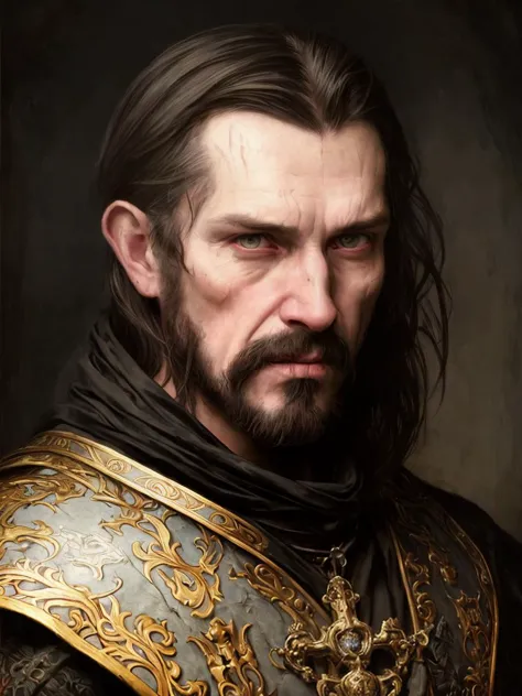 medieval portrait of a man sharp features, grim, cold stare, shade colors, Volumetric lighting, baroque oil painting by Greg Rut...
