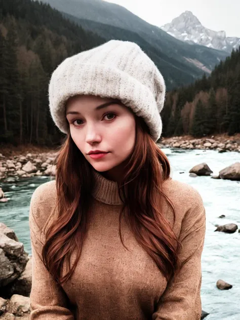 close-up photo of a woman, upper body, wearing pullover, solo, outdoors, mountains, nature, sweater, hat, forest, rocks, river, ...