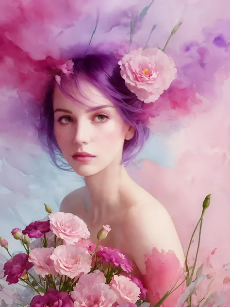a woman, flowers, Lisianthus ,in the style of light pink and light azure, dreamy and romantic compositions, pale pink, ethereal ...