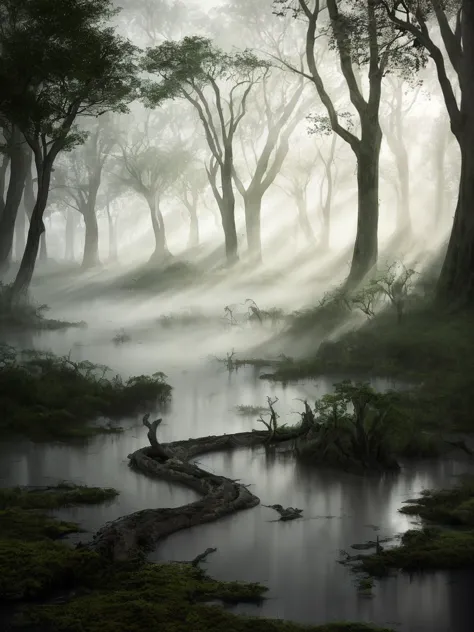 A murky swamp with twisted trees rising from the water, Hue, window light, spotlight masterpiece, realistic, award winning, volu...