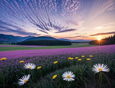 cloud, daisy, dandelion, field, flower, flower field, nature, outdoors, petals, sky, spider lily, summer, evening, field, flower...