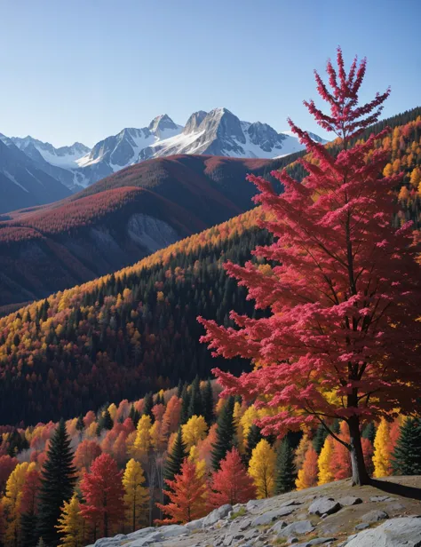 nature photo, mountain, red maple tree, autumn, 