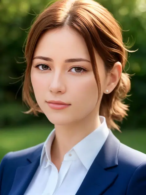 a close-up photo of a European woman wearing a suit, outdoors, depth of field