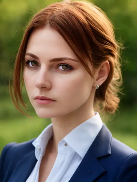 a close-up photo of a European woman wearing a suit, outdoors, depth of field