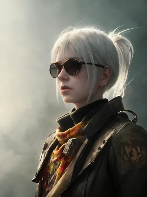 epic realistic, portrait of halo, white hair, sunglasses, tartan scarf, black tshirt, brown leather jacket, by atey ghailan, by greg rutkowski, by greg tocchini, by james gilleard, by joe fenton, by kaethe butcher, gradient yellow, black, brown and magenta...