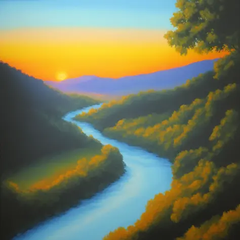 river valley, sunrise, acrylic painting