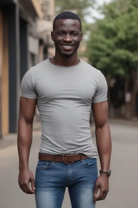 a fit African man, looking at camera, smile, grey tshirt, brown leather belt, blue jeans, street photography