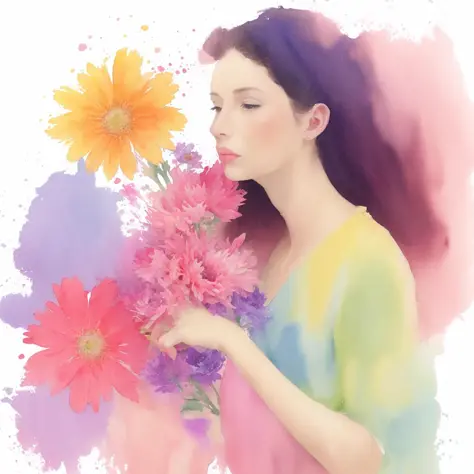 a woman, surrounded by an assortment of flowers, pastel colours, style of watercolour painting, colour splash