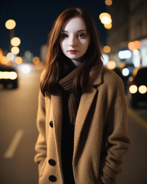 night photo, photo of 24 y.o. woman, pale skin, brown eyes, woollen jacket, bokeh, street photography