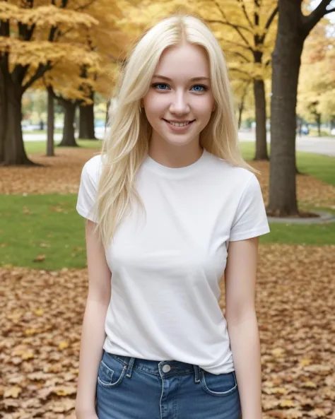 a 24 y/o American woman, blonde hair, (blue iris:0.2), (smile:0.1), white tshirt, blue jeans, standing in a park, autumn