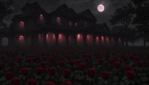 Masterpiece best quality, wide angle Photograph, Eerie open landscape, Blood Red roses blooming under the moonlight, (dark atmos...